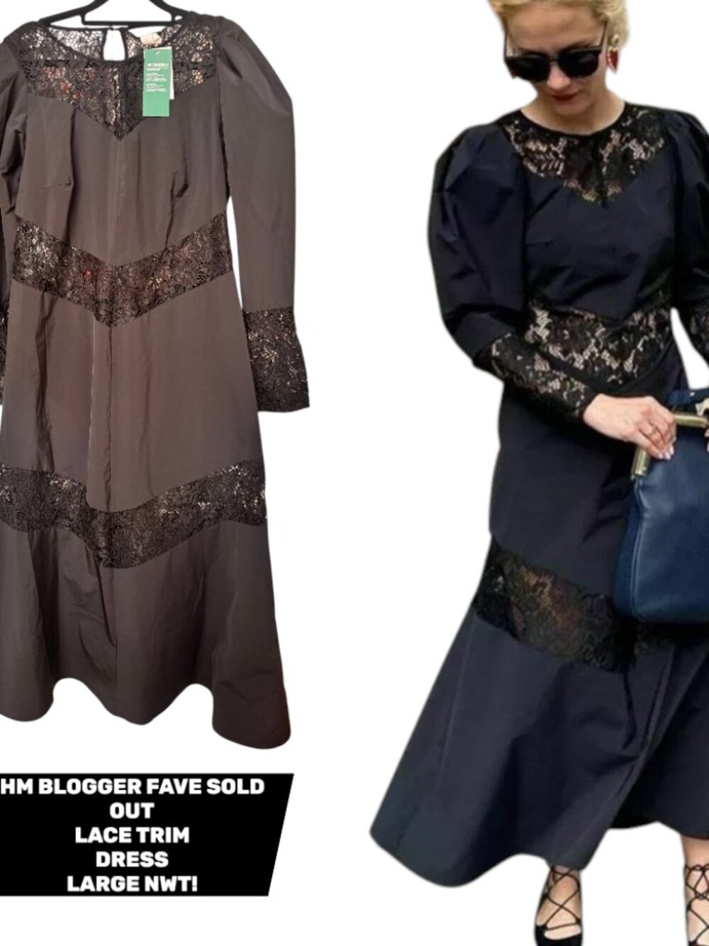 🖤 NWT SOLD OUT RARE H&M Blogger Fave Lace Trim Taffeta Midi Dress LARGE🖤